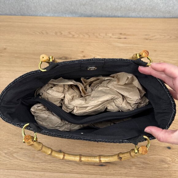 Kim Rogers Vintage Style Woven Straw Purse Bamboo Wooden Handles Black Beachy - Picture 5 of 10